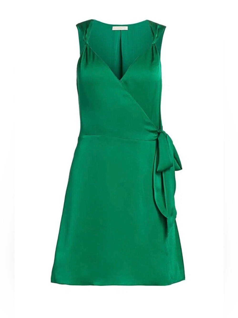 NWT Ramy Brook Emerald Jade Green Satin Charmeuse Mini Knot Detail Wrap Dress - Picture 15 of 15